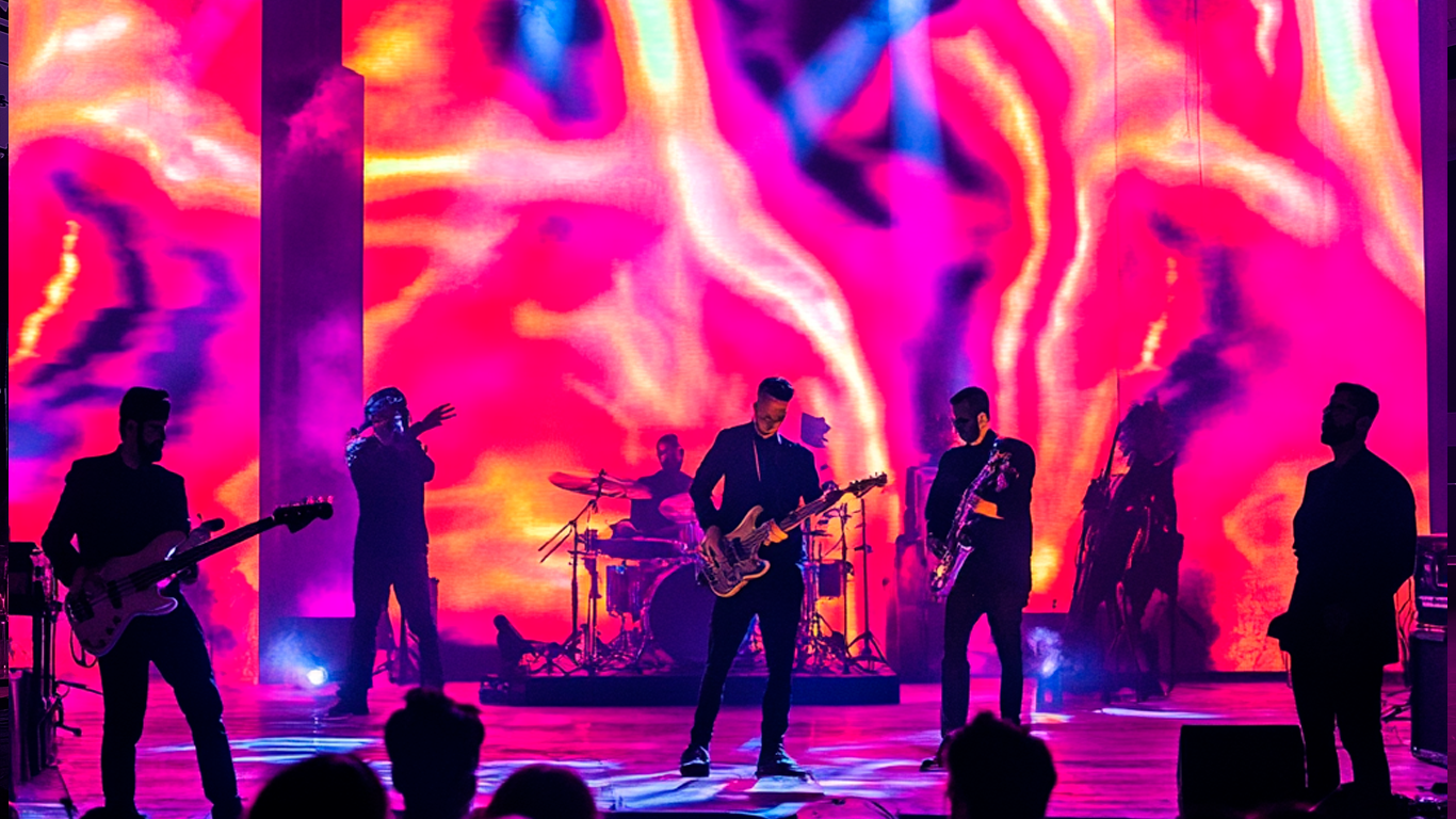 Evento corporativo com artistas diversos no palco, incluindo músicos e palestrantes, interagindo com o público.