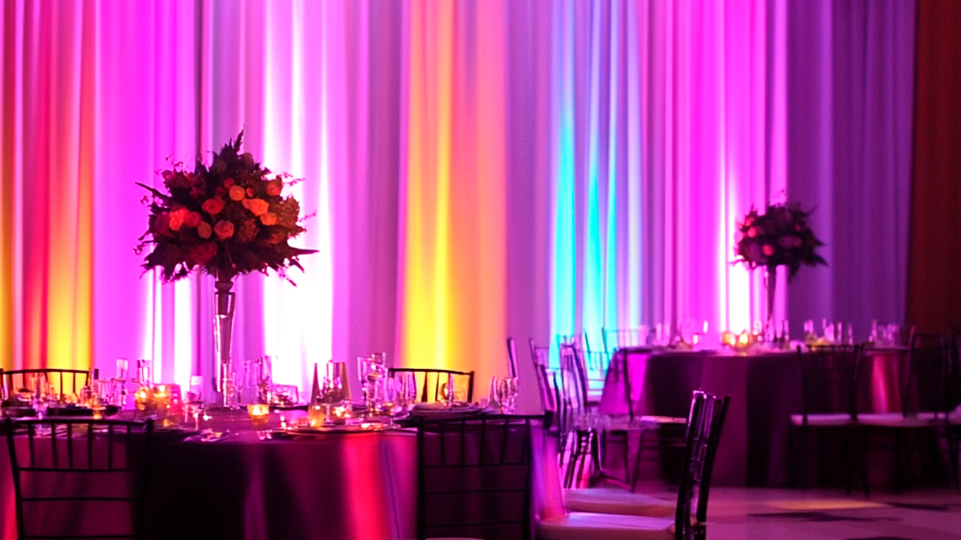 Evento corporativo com design de iluminação personalizado, destacando áreas-chave com luzes direcionais e cores da marca integradas ao esquema geral.