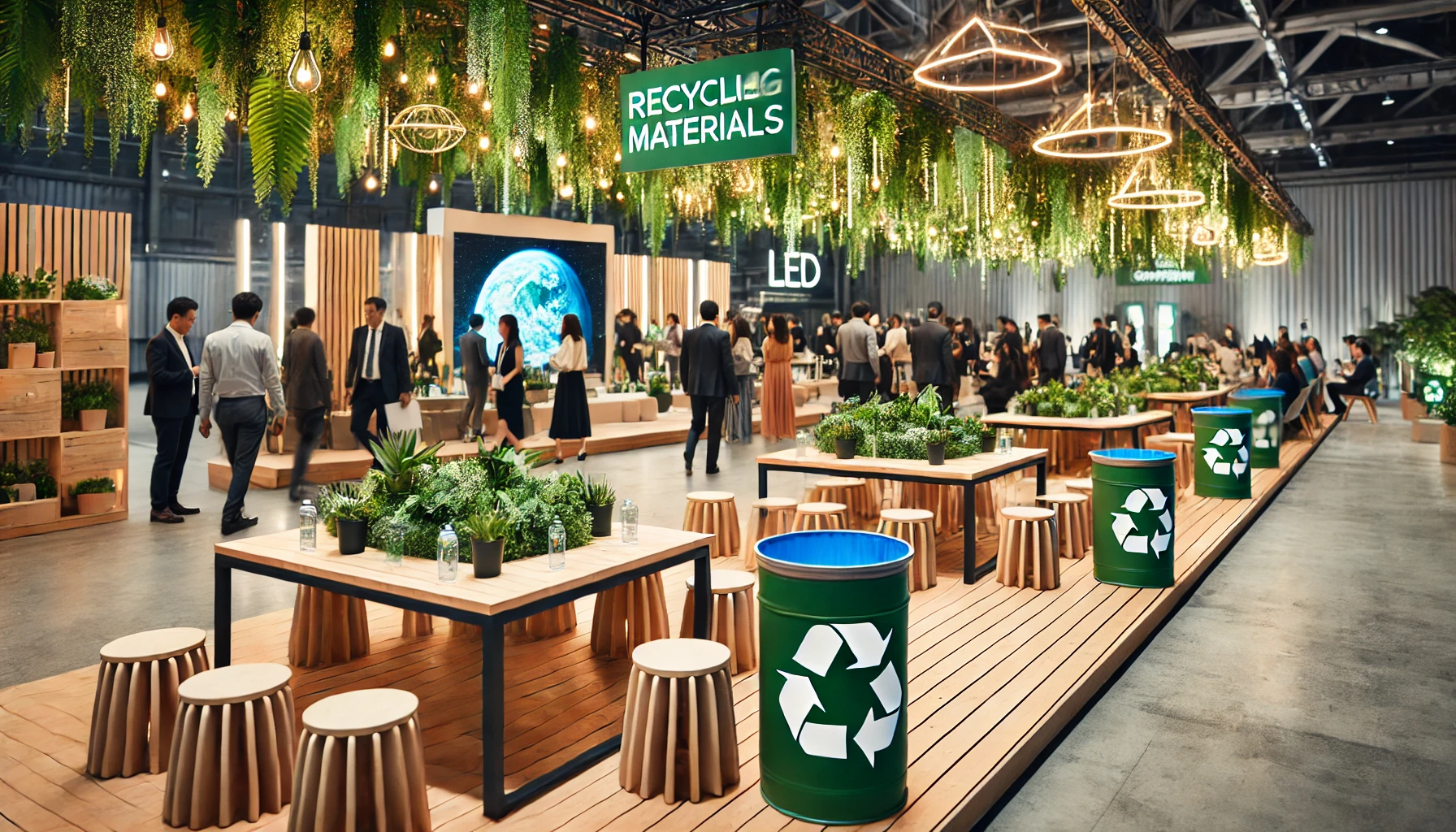 Evento corporativo em um ambiente sustentável, com materiais reutilizáveis, iluminação LED e iniciativas ecológicas como estações de reciclagem.