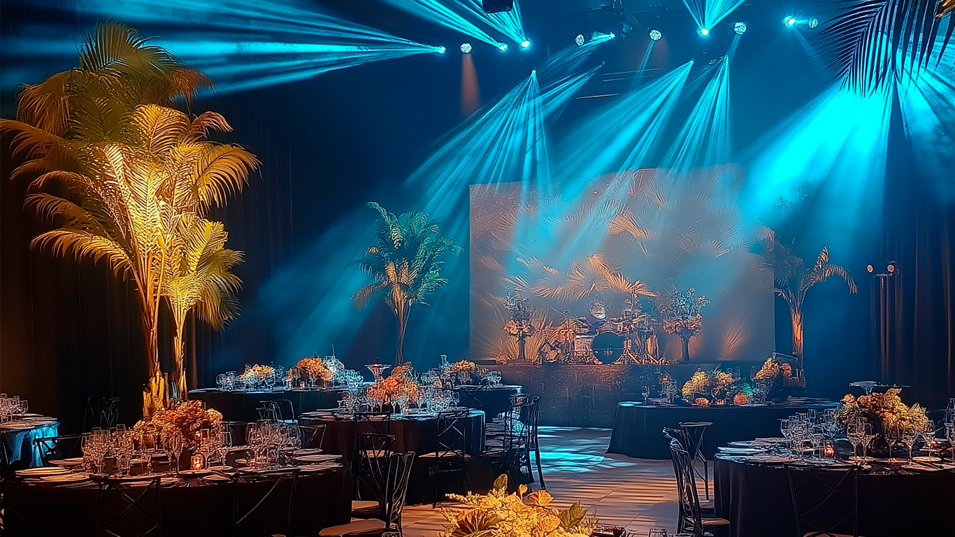 Ambiente de evento corporativo com iluminação inteligente e moderna, criando uma atmosfera dinâmica e visualmente impactante.
